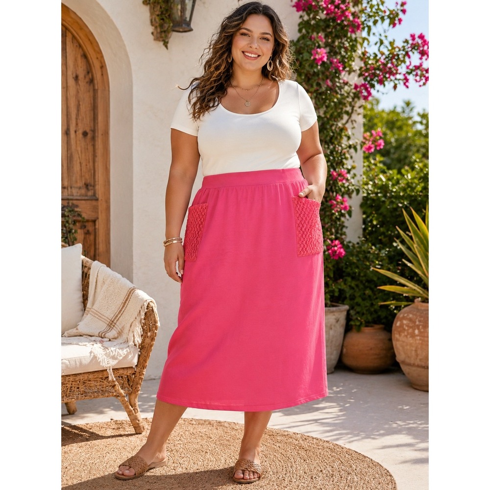 490. Lori Goldstein LOGO Life Pink Crochet Pocket Midi Skirt Womens XL Petite